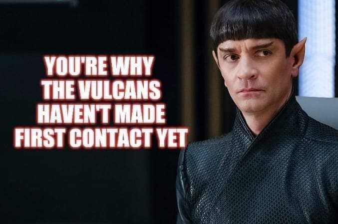 This meme features a still image of a character from the Star Trek franchise, likely a Vulcan, with a stern expression. The text "You're why the Vulcans haven't made first contact yet" is overlaid on the image, implying that the character's actions or behavior are the reason why the Vulcans have not yet made contact with humans. The tone is humorous and sarcastic, implying that the character is responsible for the lack of progress in intergalactic relations.